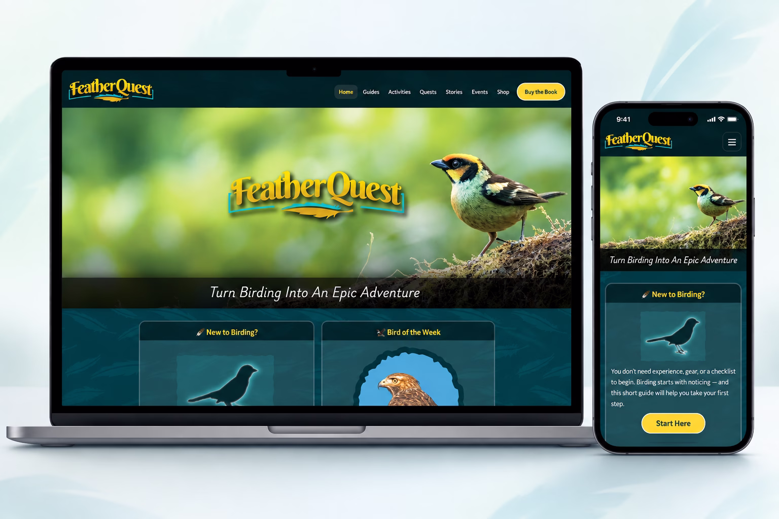 FeatherQuest website shown on desktop and mobile, demonstrating its responsive Quail Pages layout