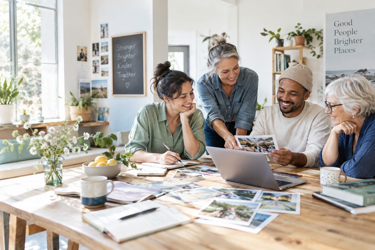 People collaborating around photographs, notes, and a laptop in a bright community workspace